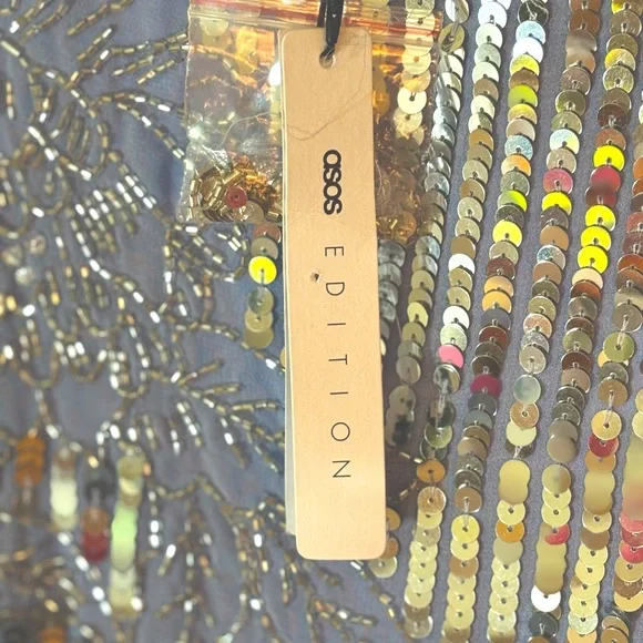 NWT ASOS Lavender, Silver Sequin Floral Midi w/ Faux Feather Hem Size 12 - Picture 15 of 16